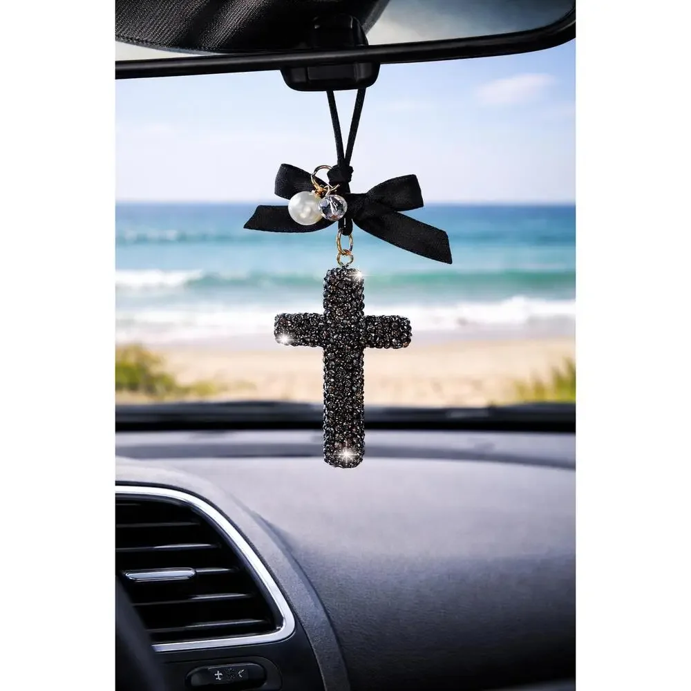 Midnight Grace Rhinestone Cross Car Charm